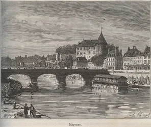 Mayenne on kunta Länsi-Ranskassa Pays de la Loiren alueella. Kaiverrus V.-A. on "La France illustree: maantiede, historia, hallintotilastot". Maltaanruskea. 1884
