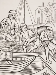 Suolan mittaaminen, vuonna 1847 julkaistun Paul Lacroixin (1806-84) teoksesta "Ordonnances de la Prevoste des Marchands de Paris" (1500) tehdyn puupiirroksen jälkeen.