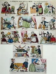 "Lääketiede kaikille tai hygieeniset neuvot", satiirinen lääketieteellinen sarjakuva, 1800-luvun puoliväli (värikaiverrus)