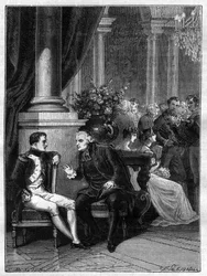 Napoleon I:n tapaaminen Genesissä (Genova) Italiassa kardinaali Jean Siffrein Mauryn (1746-1817) kanssa 1805 - Adolphe Thiersin teoksessa "Imperiumin historia konsulaatin historiaa seuranneessa" - 1879 - yksityinen kokoelma