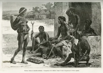 Miehet, naiset ja astiat (Bihe, Ruanda). D.Maillartin kaiverrus, joka kuvittaa majuri Serpa Pinton vuosina 1877-1878 kirjoittamaa kertomusta siitä, miten ylitin Afrikan Atlantin valtamereltä Intian valtamerelle, joka julkaistiin Tour du monde -lehdessä Ed.