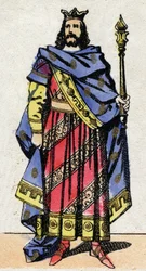 Merovingi-dynastia: Clotaire IV:n (685-719) muotokuva, Austraasian frankkien kuningas 717-719. Epinaalikuvaus 1800-luvun lopulta. Yksityinen kokoelma.