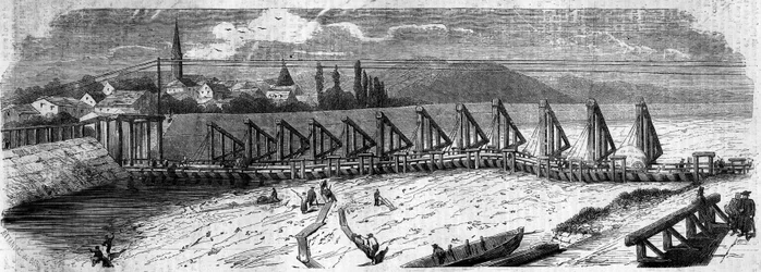 Meteorologinen ilmiö: Reinin kuivuminen vuonna 1858. Näkymä Kehlin sillalle (Saksa), otettu alavirtaan Ranskan rannikolta. Kaiverrus "" Le Monde Illustré" -julkaisussa nro 50, 27. maaliskuuta 1858.