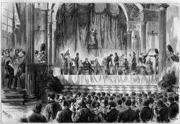 Sotilaallinen rekrytointi: vuoden 1858 varusmiesten arvonta Pariisin Hotel de Villen Saint Jean -huoneessa. Kaiverrus "" Le Monde Illustré" -julkaisussa nro 44, 13. helmikuuta 1858.