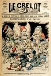 Kuoleva Turkki ja vieraat voimat taistelevat hänen saappaistaan, kansi "" Le Grelot"" 21.2.1897.