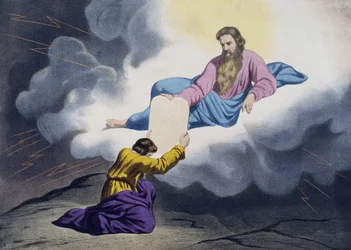 Mooses vastaanottamassa lain tauluja, kuvitus katekismuksesta LHistoire Sainte, julkaisija Charles Delagrave, Pariisi, 1800-luvun loppu