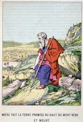 Mooses näkee luvatun maan Nebo-vuoren huipulta ja kuolee - elokuvassa "Mooseksen elämä", toim. Olivier Pinot, Epinal, 1800-luvun loppu