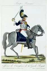Kuninkaallisen vartijan Cuirassiersin ratsuupseeri, Troupes Francaises, pub. chez Basset, Pariisi, noin 1790