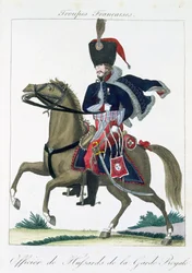 Kuninkaallisen kaartin husaarien upseeri, Troupes Francaises, pub. chez Basset, Pariisi, noin 1790