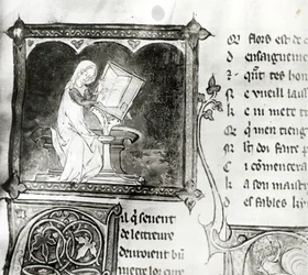 Ms.3142 fol.256 Marie de France (fl.12th century) kirjoitus, ranskalaisten runojen antologiasta, n. 1280-1290 (yksityiskohta)