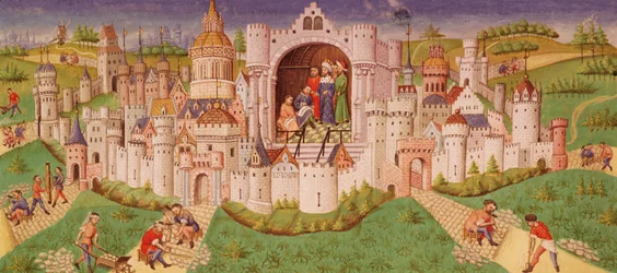 Ms. 0242 f.48v Näkymä kaupunkiin, jossa työläiset päällystävät teitä mukulakivillä kaupungin porteille, kun kuningas seisoo kammiossa ja sanelee kahdelle kirjurille