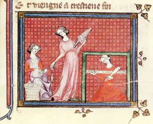 Ms 1044 fol.101 Pyhien kirjoitusten vahva nainen, joka pyörii palvelijoittensa kanssa, Ovide Moralisesta, kirjoittanut Chretien Legouais