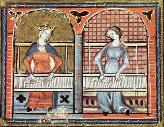 Ms 1044 fol.89v Women Weaving, Ovide Moralisesta kirjoittanut Chretien Legouais