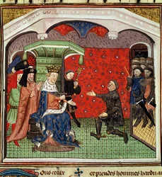 Ms. 1142 fol.4 Bertrand du Guesclin (n. 1320-1380) Kaarle V:n (1338-80) ja hänen hovinsa edessä