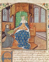 Ms 1468 fol.1 Kirjoittaja tarjoaa kirjansa kuningas Kaarle VII:lle, Les Chroniques de Monstrelet