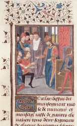 Ms 149 t.3 fol.95v Kahden ritarin nimittäminen, Histoire des Nobles Princes de Hainaut