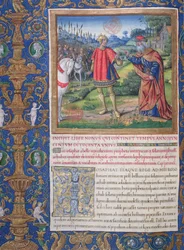 Ms. 1581 f. 178v Kuvitus kirjasta IX (Ahabin kuolemasta kymmenen heimon vankeuteen), luvusta 1 juutalaisten antiikin (Antiquitates Judaicae) kirjasta Flavius Josephus - kuningas Jeho
