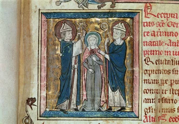 Käsikirjoitus 16261, fol. 1, Pyhän Genovevan valtaistuimelle asettaminen, Sainte-Genevièven luostarin maarekisteristä
