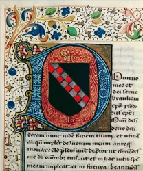 Ms 167 fol.69 Historioitu alkukirjain "D", joka esittää Clairvaux-suvun vaakunaa Pyhän Isidoren Sevillalaisen kirjasta "Etymologiae"