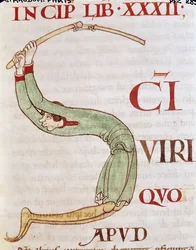 Ms 173 fol.148r Historioitu alkukirjain S, joka kuvaa puivaa miestä, Moralia in Job, paavi Gregorius Suuren teoksesta