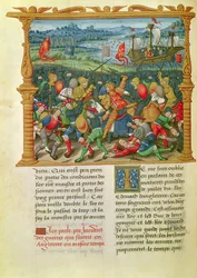 Ms 18 f.73v Kuningas Edward III käy sotaa Crecyn taistelussa vuonna 1346, Philippe of Comminesin (1445-1509) muistelmista