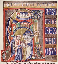 Ms 1 fol.292 Historioitu alkukirjain, jossa Judith on Holofernesin pää, Souvignyn Raamatusta