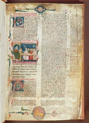 Ms. 2046 fol. 1 Opetuskohtaus, ensimmäinen sivu Hippokrateen Aforismit ja Galenuksen kommentit