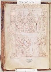 Ms 210 fol 19v. Mont Saint-Michelin kartulaari: Normandian herttua Richard II lahjoittaa maa-alueita ja etuoikeuksia Mont St. Michelin luostarille, 1150-luku