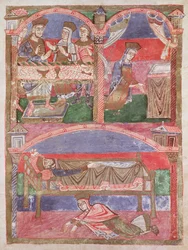 Ms 250 f.24r St. Radegund (518-87) Clothar I:n (497-561) pöydässä, puheessaan ja kuninkaallisen sängyn jaloissa, St. Radegundin elämästä