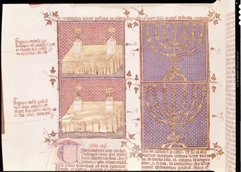 Ms 290 Tome 1 f.89v Uhripöytä ja menora, Nicolas de Lyren Postilles sur la Biblesta