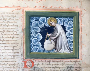 Ms 313 Jumala luo maailman, pienoiskuva Raamatusta des Grands Augustins, 1494