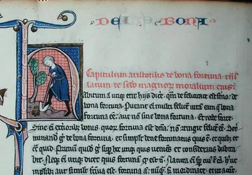 Ms 3458 Historioitu alkukirjain "H", joka kuvaa miestä kaivamassa, Aristoteleen (384-322 eKr.) "Fysiikasta" (kynä, muste ja tempera perunakalvolla)