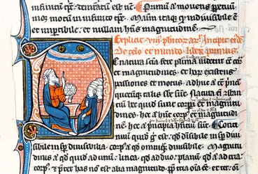 Ms 3458 fol 62vo Historioitu alkukirjain D, jossa Aristoteles pitelee kädessään armillaarista palloa ja osoittaa taivaaseen opettaessaan ryhmälle pappeja Länsi-Euroopasta (kynä ja muste ja tempera vellillä