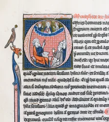 Ms 3458, historiallinen alkukirjain O, joka kuvaa antiikin kreikkalaista filosofia Aristotelesta, opettaa ryhmälle pappeja Länsi-Euroopasta ja osoittaa ylöspäin kohti Jumalaa taivaissa (kynä & muste ja tempera