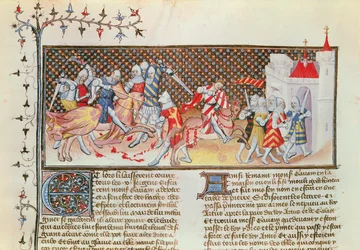 Ms 3479 t.1 fol.558 Ritaritaistelukohtaus, Livre de Messire Lancelot du Lac