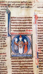 Ms 365 fol.318v Historioitu alkukirjain D, joka kuvaa avioliittoa, Gregory IX:n asetuksista