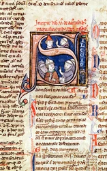 Ms 365 fol.350 Historioitu alkukirjain S, joka kuvaa paavi Gregorius IX (1220-50) piispoineen ja aputeineen Gregorius IX:n asetuksista
