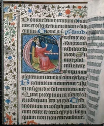 Ms 376 Kuningas Daavid soittaa kellosoittoa, kuvitus psalterista, 1400-luvun alku (vellum)