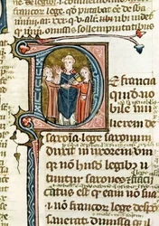 Ms 376 f.320 Les Gregoriennesin historiallinen alkukirjain D, joka kuvaa pappia siunaamassa avioliittoa