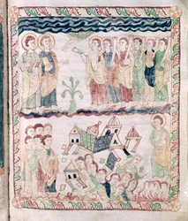 Ms 386 fol.25r Angels with Trumpets and the Earth Shaking, St. Johnin Apokalypsista