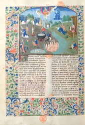 Ms. 3878, taistelu-, surmaamis- ja helvettikohtauksia Giovanni Boccaccion (1313-75) teoksesta De Casibus Virorum Illustrium