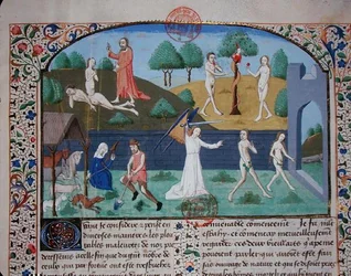 Ms 3878 Eevan luominen, Aatamin ja Eevan kiusaaminen ja karkottaminen, Giovanni Boccaccion (1313-75) teoksesta "Des cases des nobles hommes et femmes" (pergamentti).