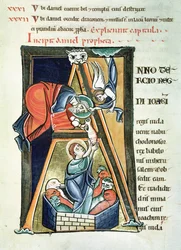 Ms 3 fol.233 Historioitu alkukirjain A, joka kuvaa Danielia Lions luolassa, Saint-Sulpice de Bourgesin Raamatusta