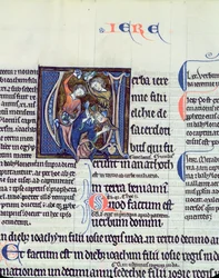 Ms 48 fol.95v Historioitu alkukirjain V, joka kuvaa profeetta Jeremian kivittämistä