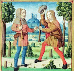 Ms 493 f.10v The Shepherds Dametas ja Menalcas haastavat toisensa musiikkikilpailuun, Vergiliuksen Ecloguesista Serviuksen kommentilla, 1469