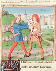 Ms 493 f.17 Lahjojen vaihto, Vergilius (70-19 eKr.) Eclogesista Serviuksen kommentin kanssa, 1469
