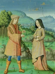Ms 493 fol.123v Aeneaksen ja Annen, Didon sisaren, tapaaminen Aeneis-sarjasta Serviuksen kommentilla, 1469