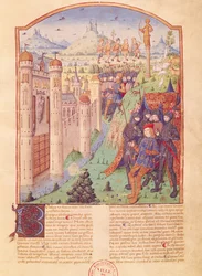 Ms 493 fol.1r The Works of Vergilius ja Serviuksen kommentit, The Bucolics, kuningas istuu valtaistuimellaan vartijoidensa ympäröimänä linnoituksen kaupungin edessä, Ranska, 1469