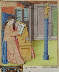 Ms 493 fol.29r Vergilius kirjoittaa ennen Artemiksen kirjasta The Georgics, Vergil (70-19 eKr.) Serviuksen kommentilla, 1469