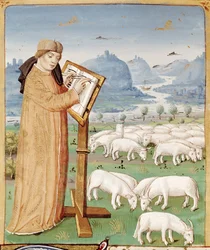 Ms 493 fol.37v Vergilius kirjoittamassa lammas- ja vuohipellolla, Vergilius (70-19 eKr.) teoksesta The Georgics ja Serviuksen kommentit, 1469
